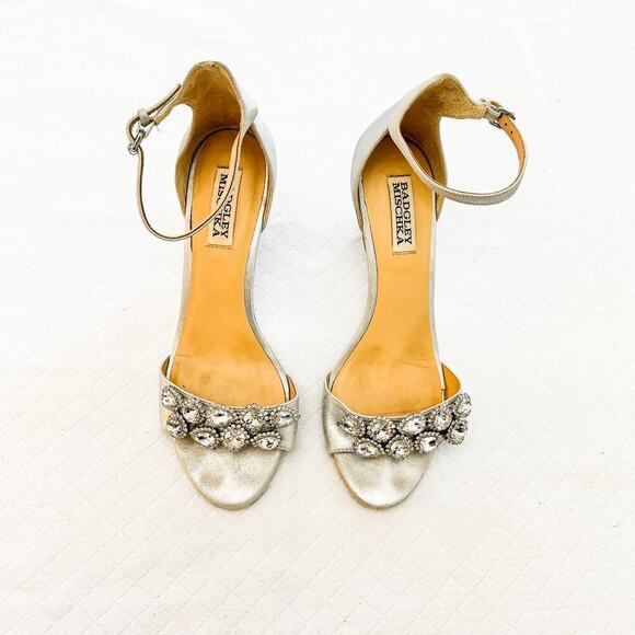 Badgley Mischka Silver Clear Crystal Leather Dress Sandal Wedge Style Size 7 - Picture 1 of 5